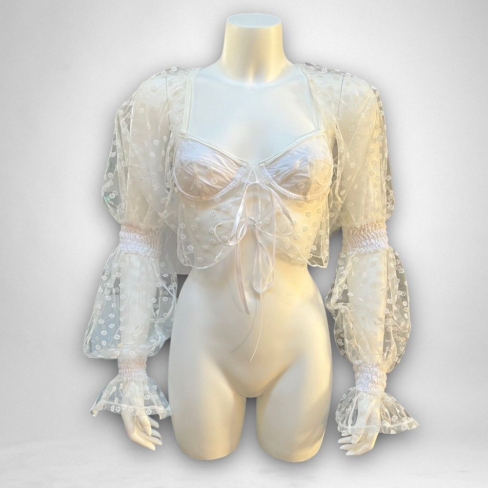 SOLD Sugar Thrillz French Crop Top Dolls Lace White Size S Puff Sleeve Cottage
